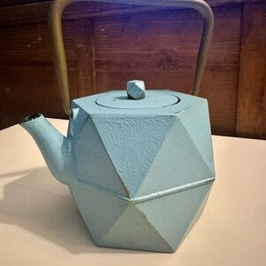 Geometric Blue Teapot with Gold Handle